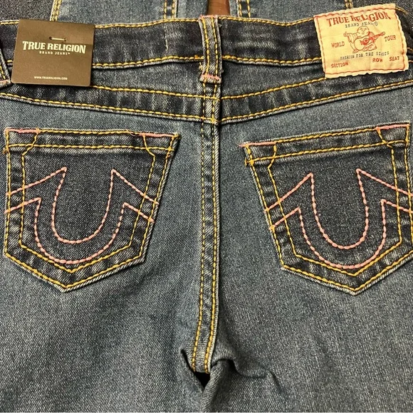 True Religion Girls Joey Flare Jeans high rise Pink Stitching Size 5 NWT